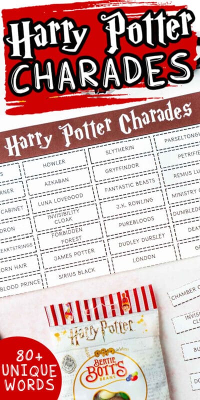 Harry Potter charades word list with text for Pinterest