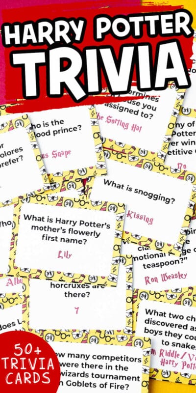 Harry Potter trivia questions on little yellow cards in a pile