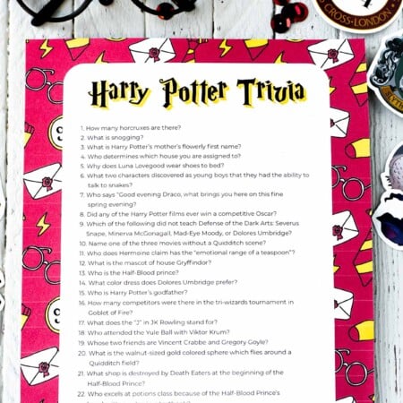 Harry Potter trivia questions with a pair of Harry Potter glasses in the background