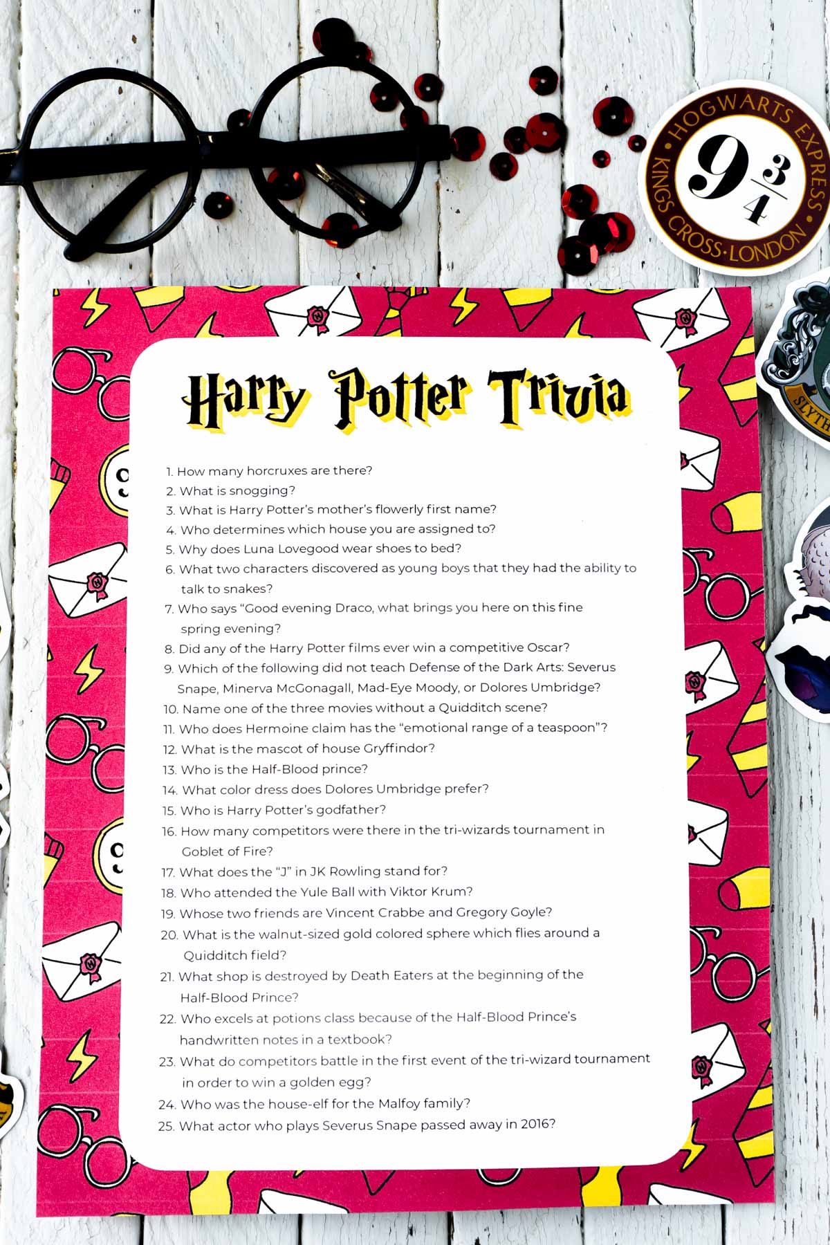 Harry Potter trivia questions with a pair of Harry Potter glasses in the background