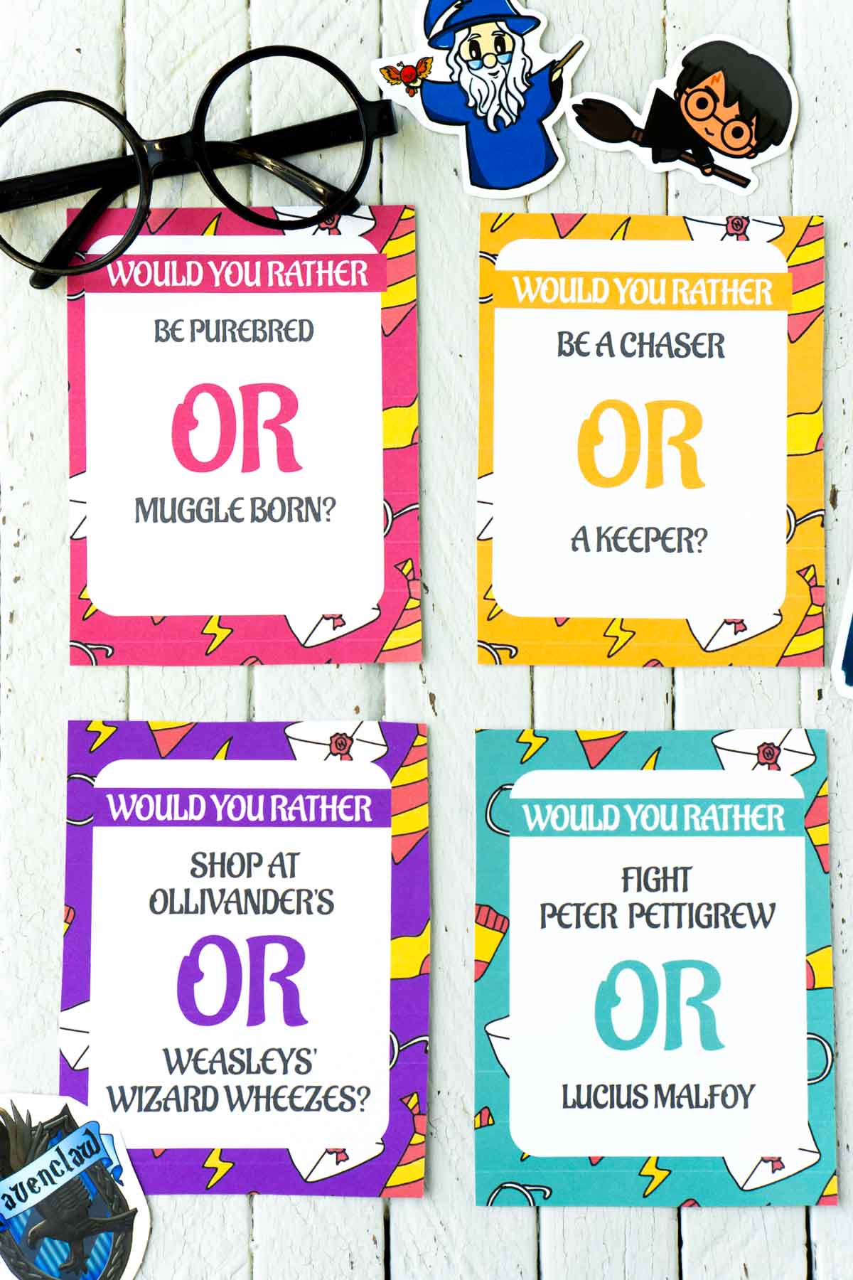 A pink, orange, purple, and teal Harry Potter would you rather question card