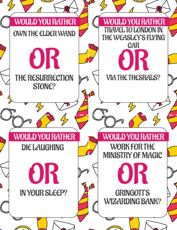 Four white Harry Potter would you rather cards with text