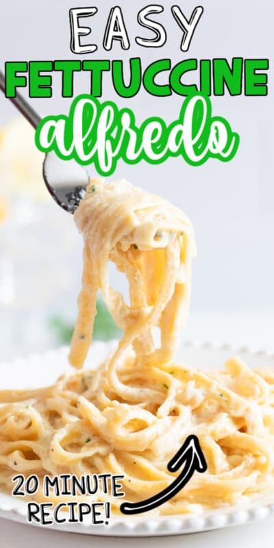 White plate of fettuccine alfredo with text for Pinterest