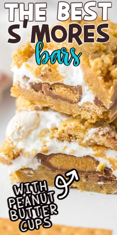 Stacked s'more bars with text for Pinterest