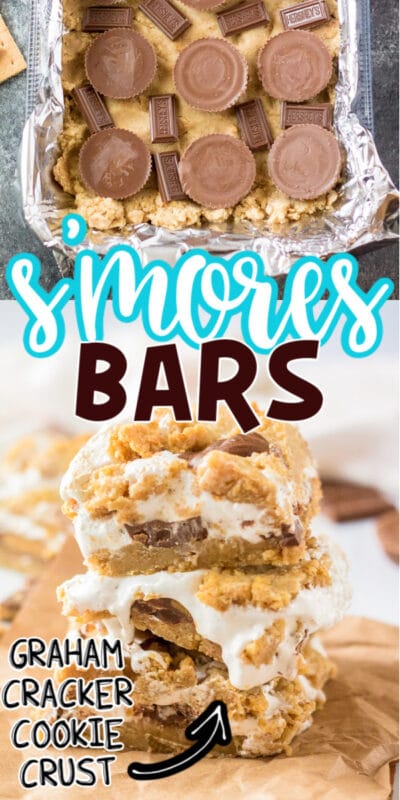 Pan of s'mores bars with text for Pinterest