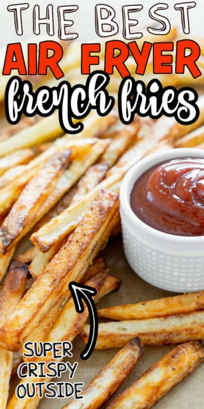 Pile of french fries with a white bowl of ketchup and text for Pinterest