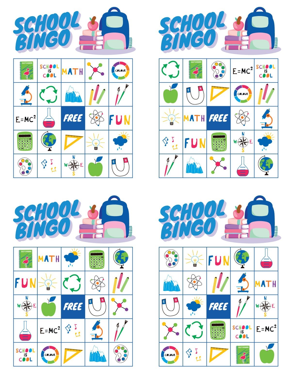 Four white school bingo cards with school images on them