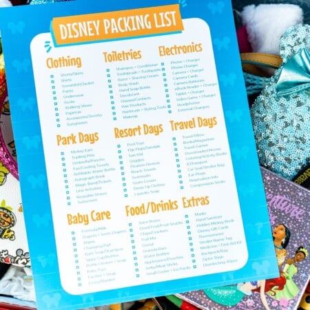 A Disney World packing list on top of a suitcase full of Disney items like Mickey Ears