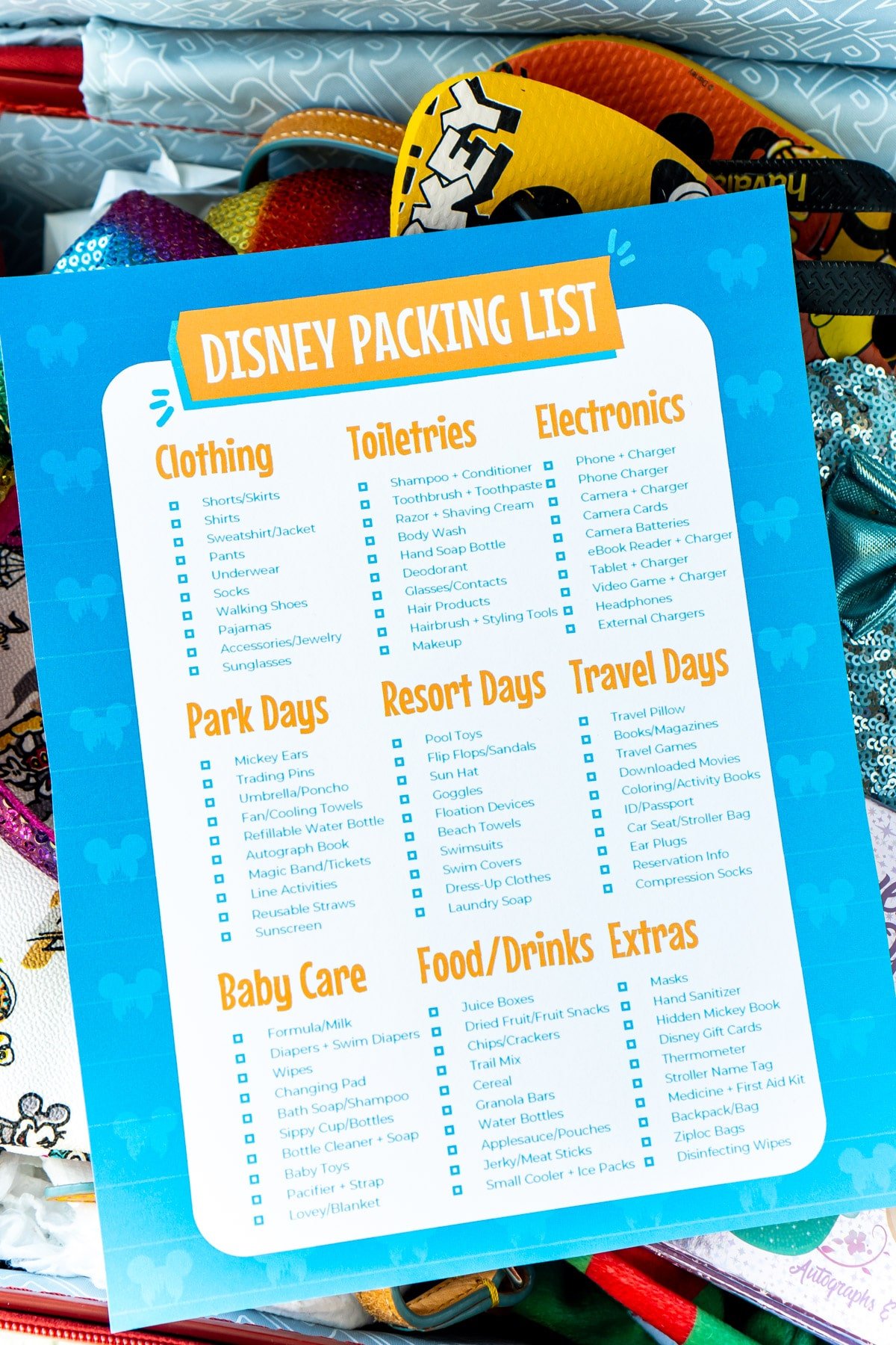 Disney packing list with a blue background on a Disney suitcase