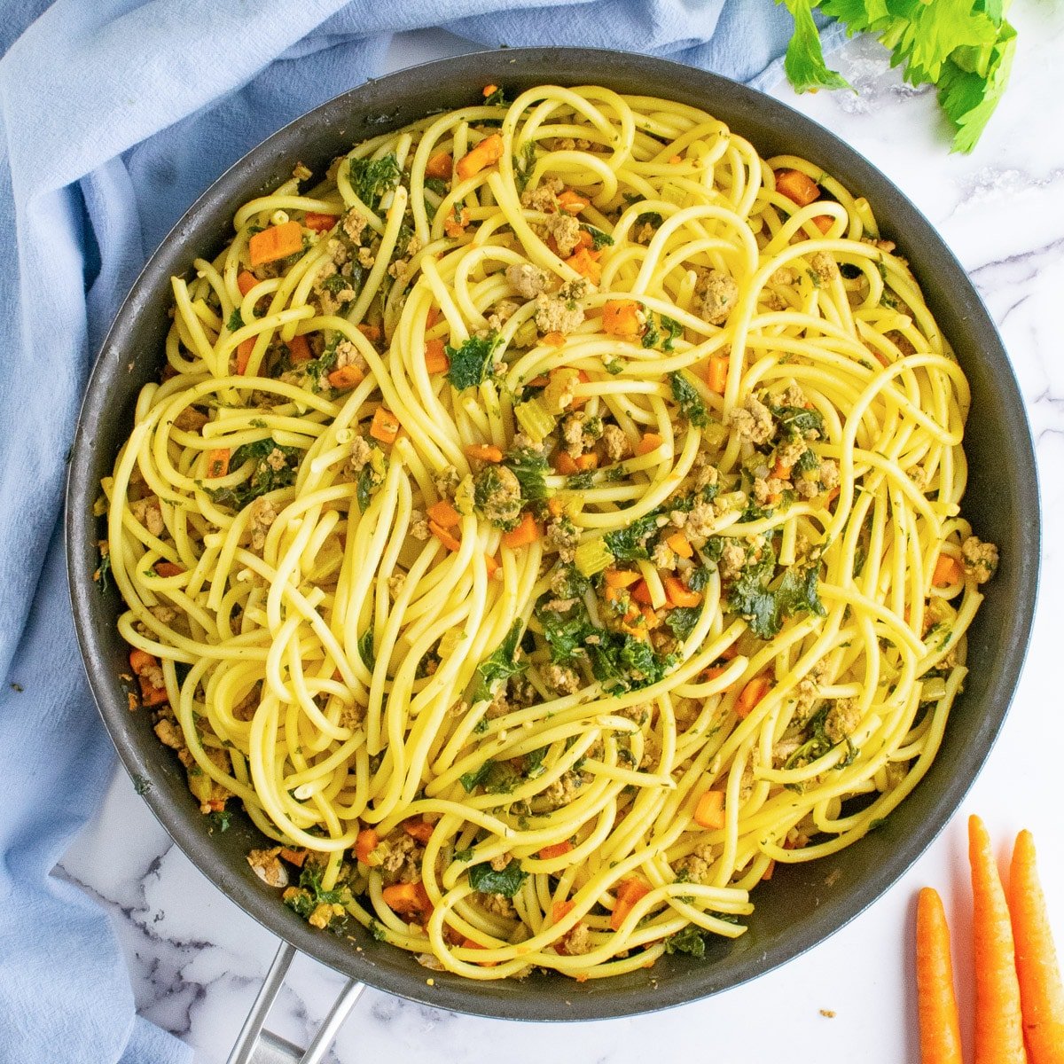 Veggies and pasta in a saucepan