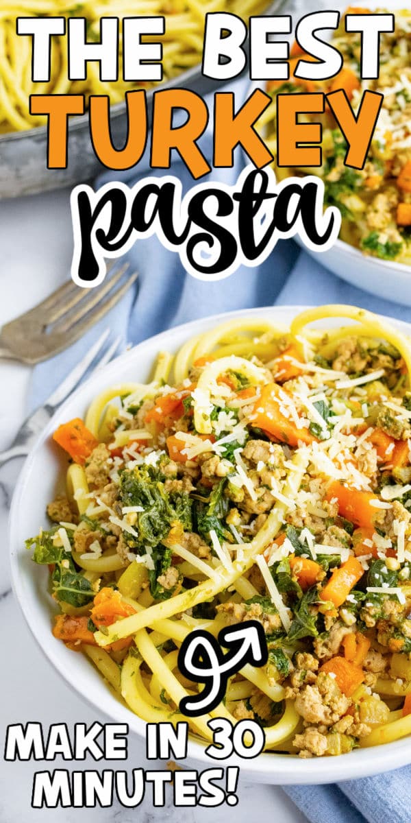 Bowl of ground turkey pasta with text for Pinterest