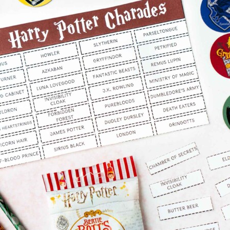 Harry Potter charades words with Harry Potter jelly beans and pencils