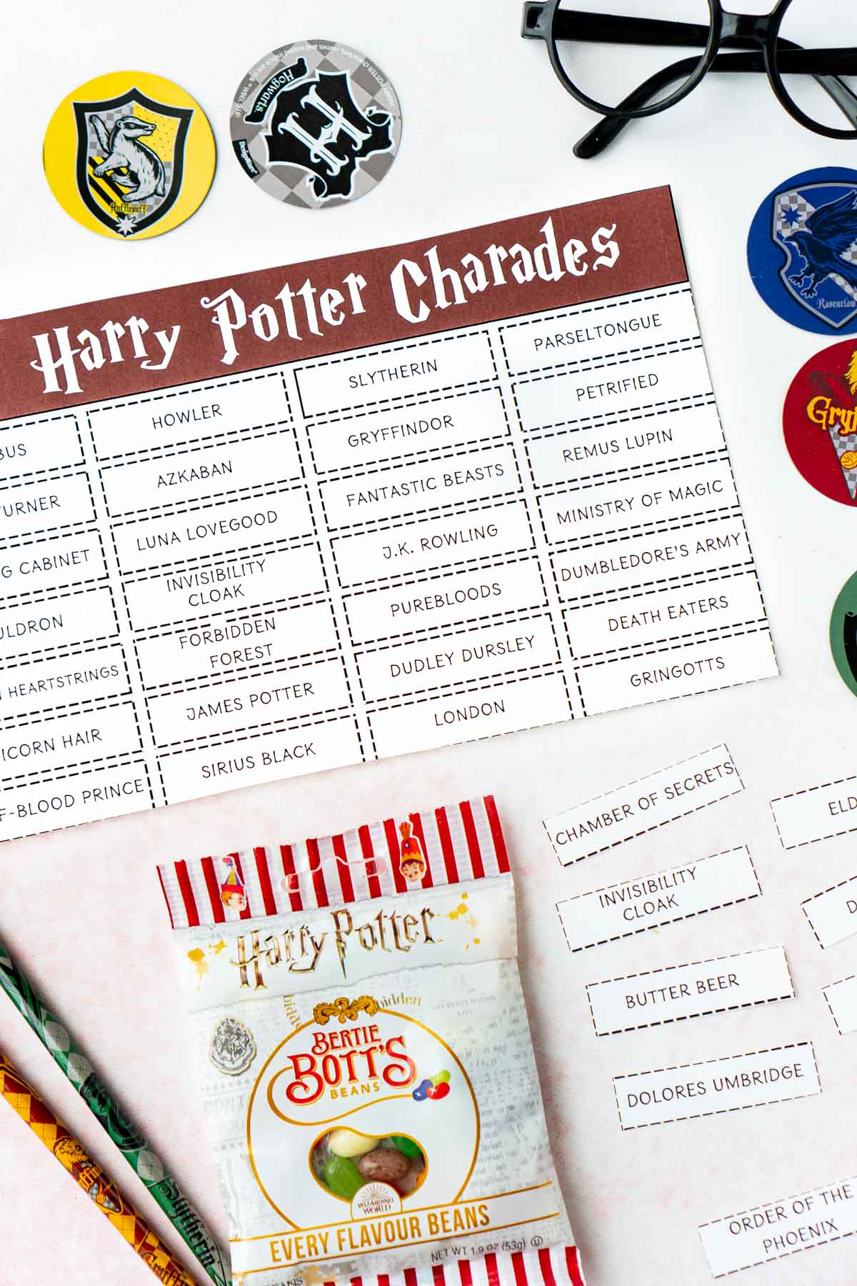 Harry Potter charades words with Harry Potter jelly beans and pencils