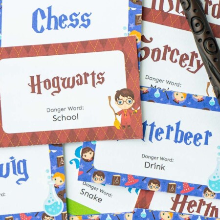 A bunch of little cards with Harry Potter words and pictures on them and a wand