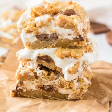 Close up shot of smore bars on a brown paper napkin