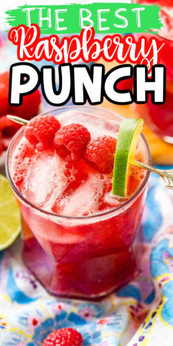 Glass of raspberry punch with text for Pinterest