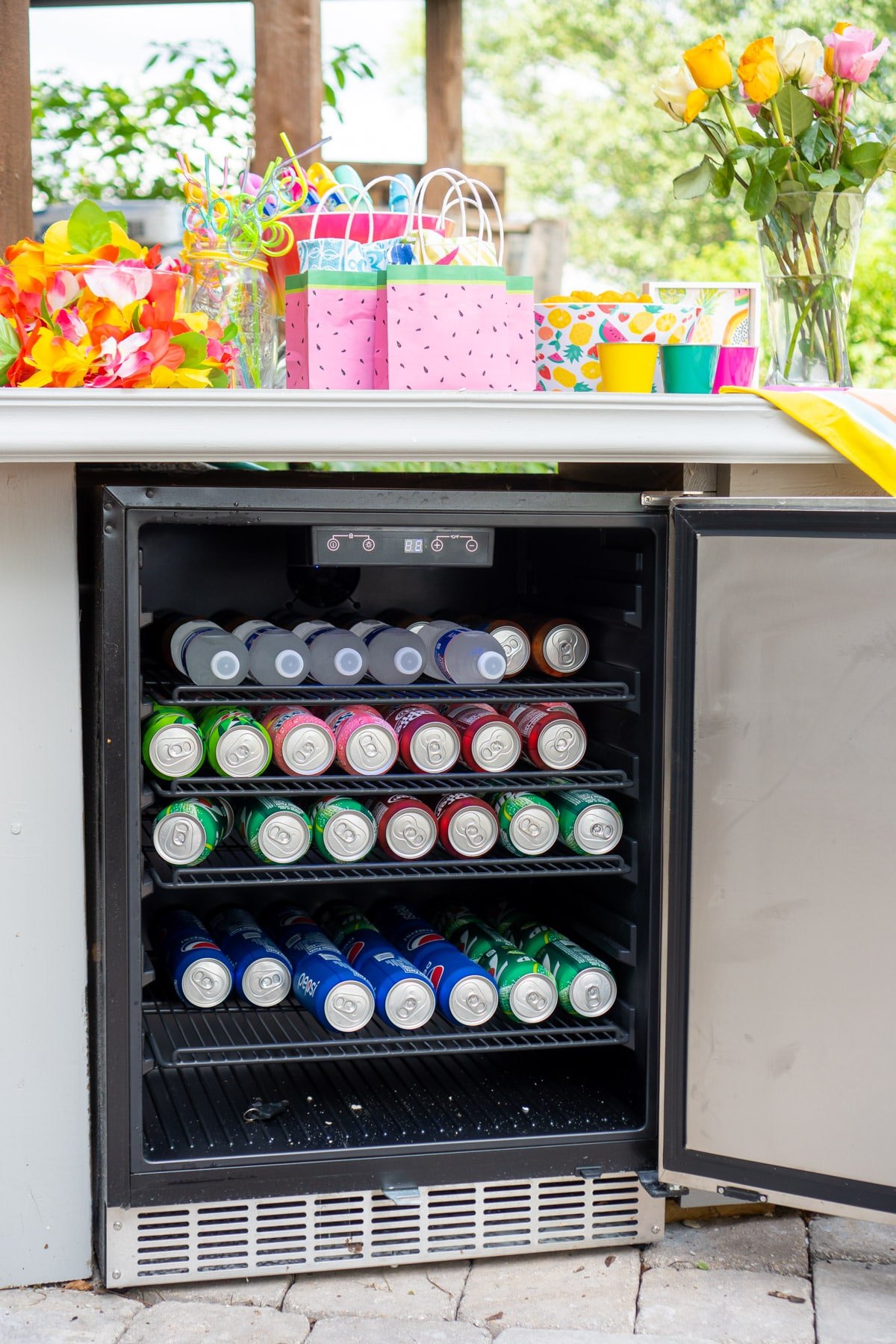 Drinks inside a Newair beverage fridge