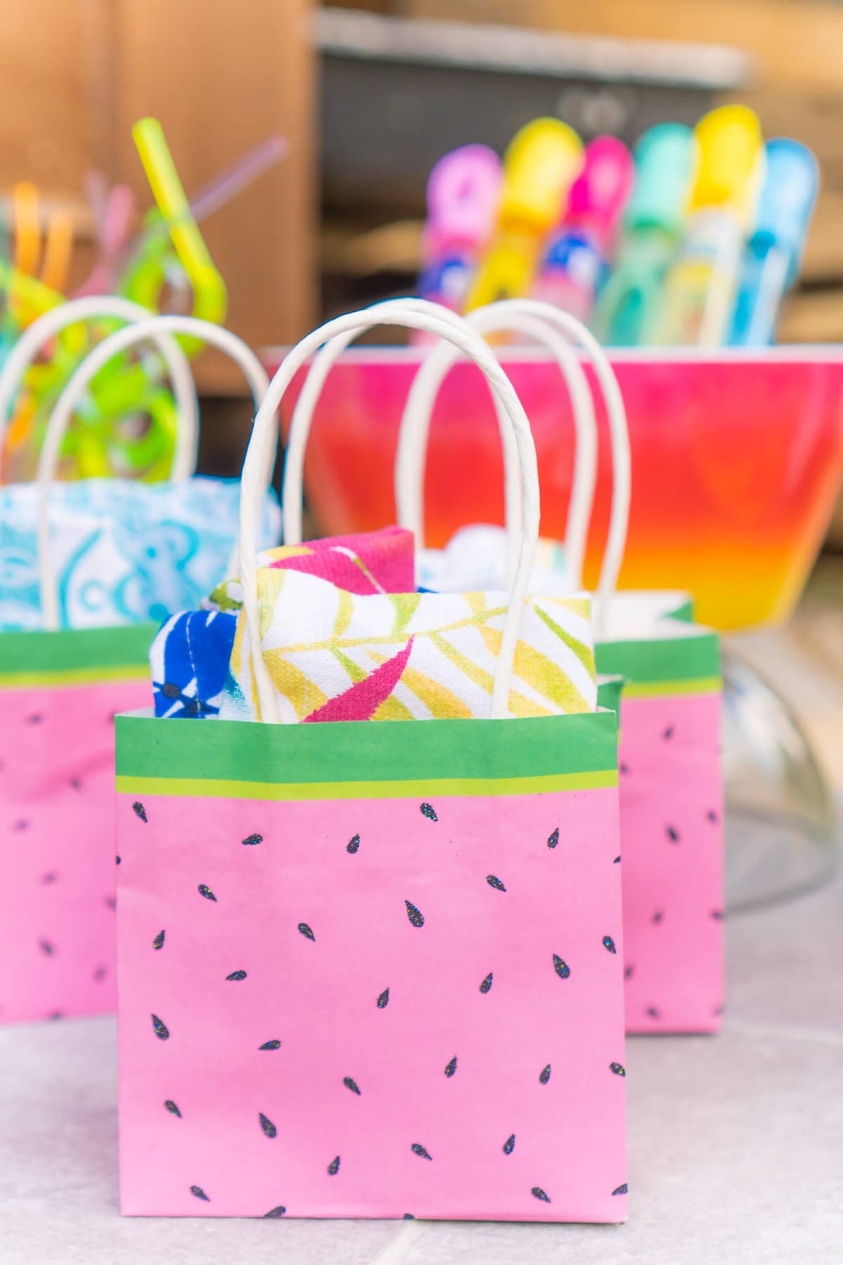 Watermelon gift bags with towels inside