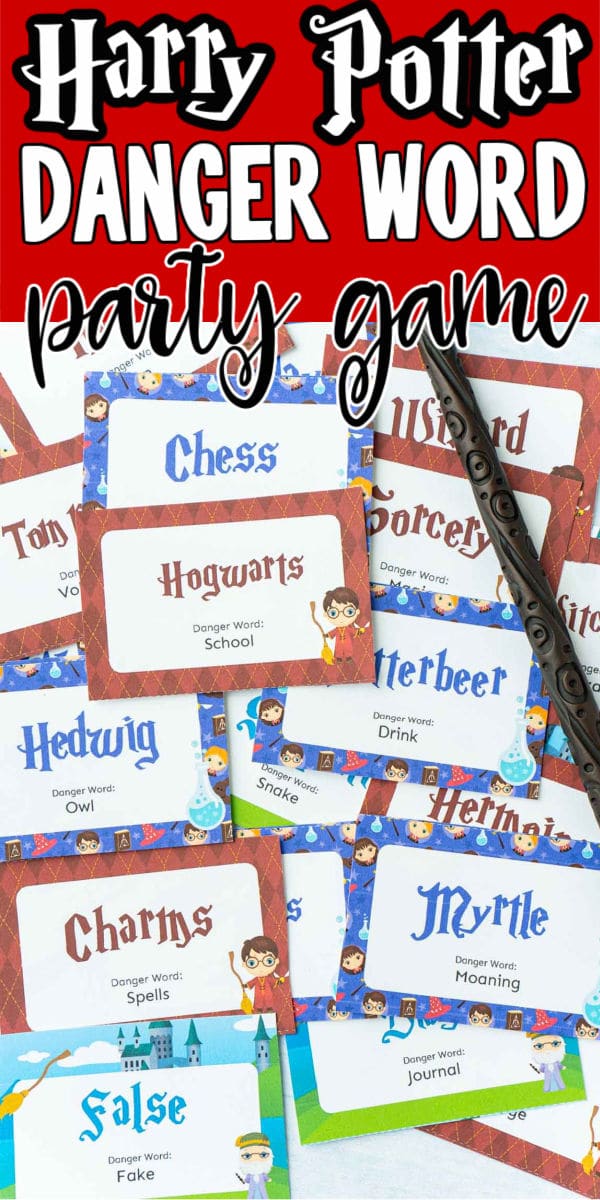 A bunch of little cards with Harry Potter words on them and text for Pinterest