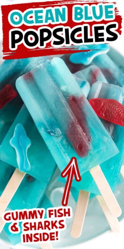 A pile of ocean blue lemonade popsicles with text for Pinterest