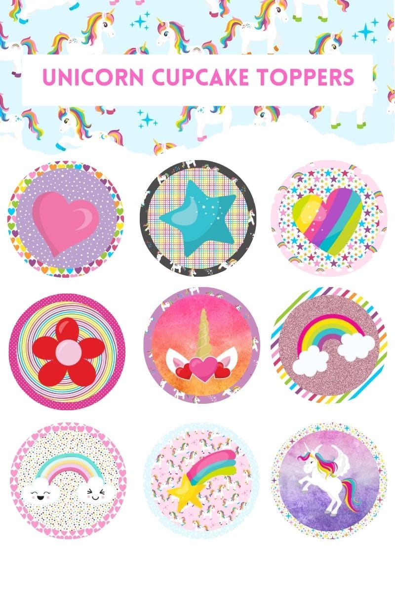 Nine different colorful unicorn cupcake toppers