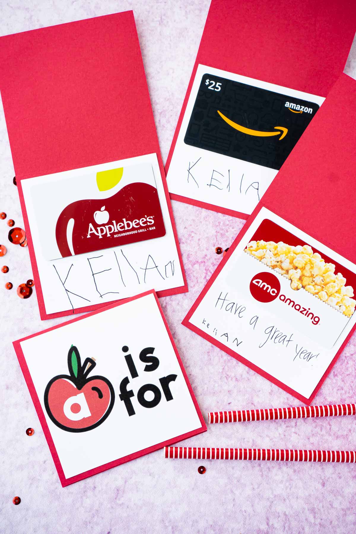 Back to school teacher gift cards in red apple cards