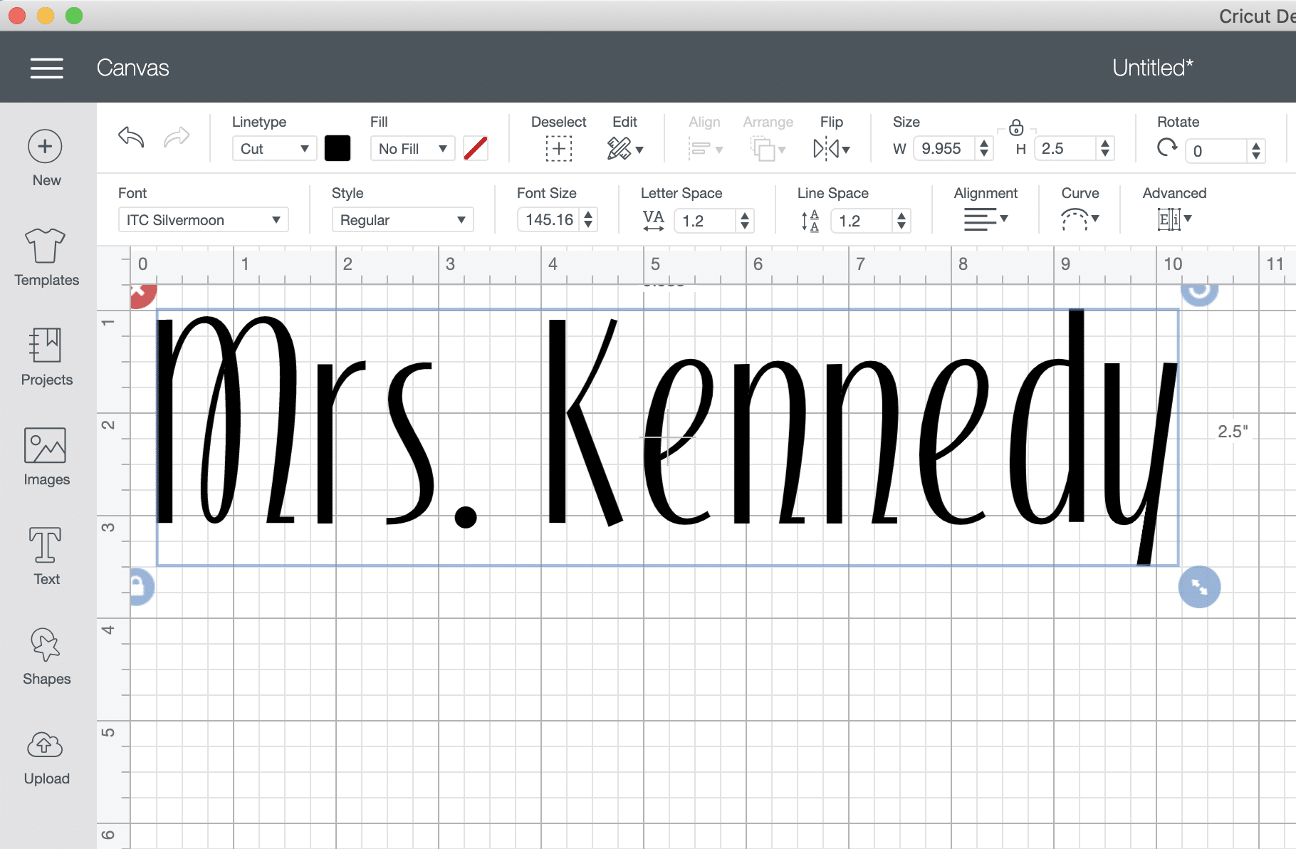 Screenshot of Cricut Design Space with Mrs. Kennedy