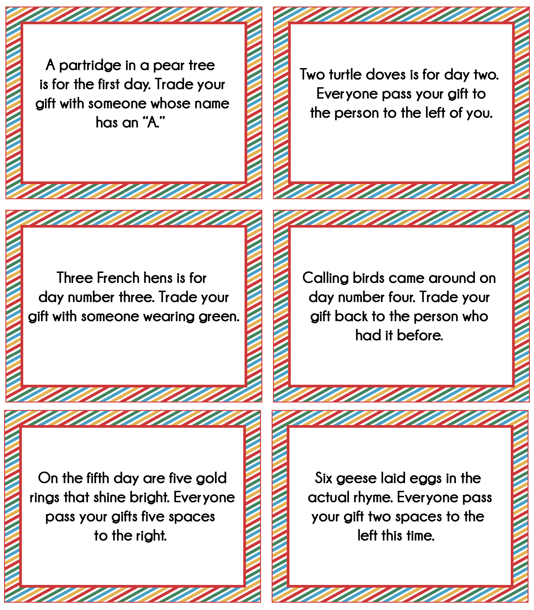 The 12 days of Christmas Gift Exchange printable game. 