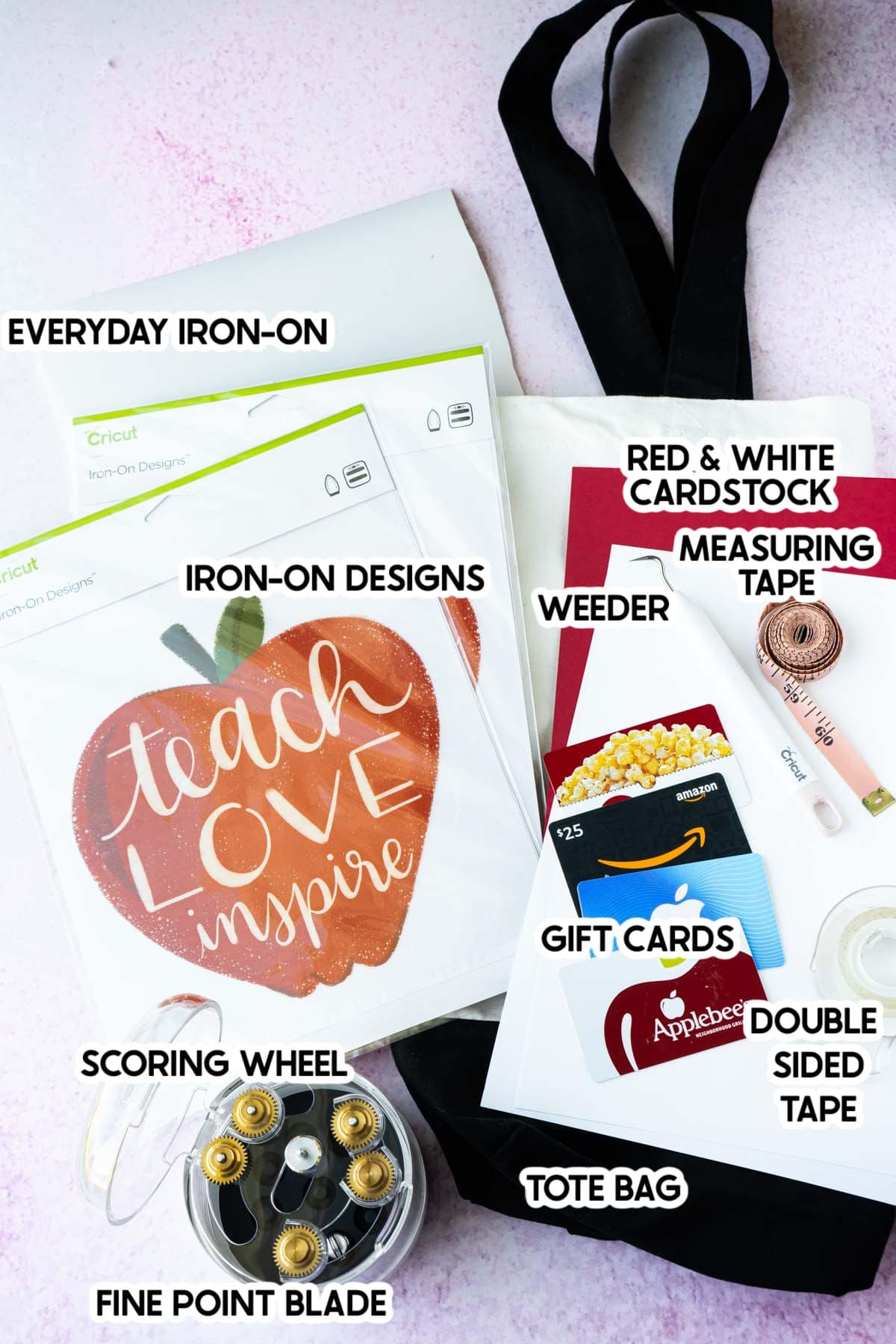 A bunch of Cricut supplies and gift cards with labels