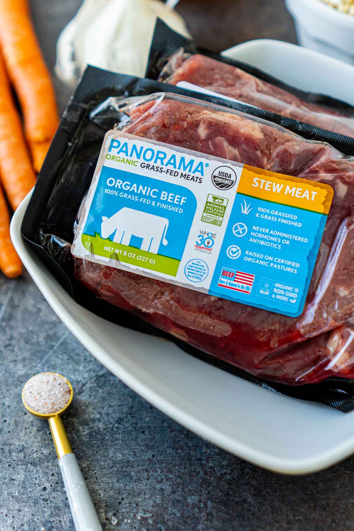 Package of Panorama grass-fed beef stew meat