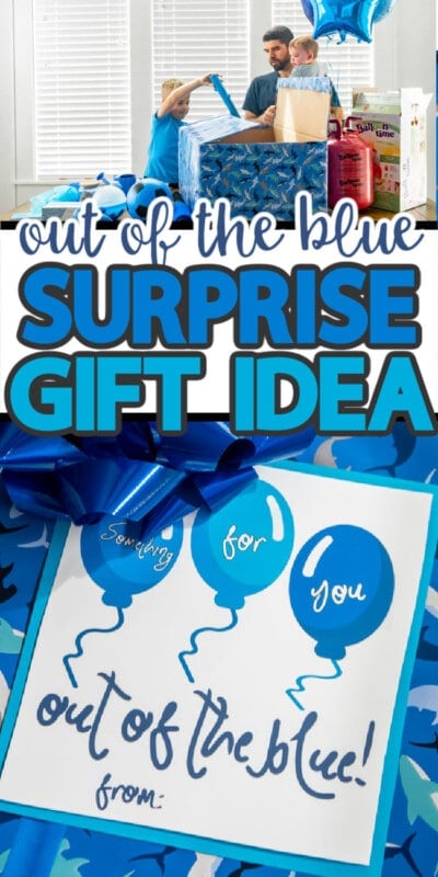 An out of the blue gift tag and people putting blue items in a box