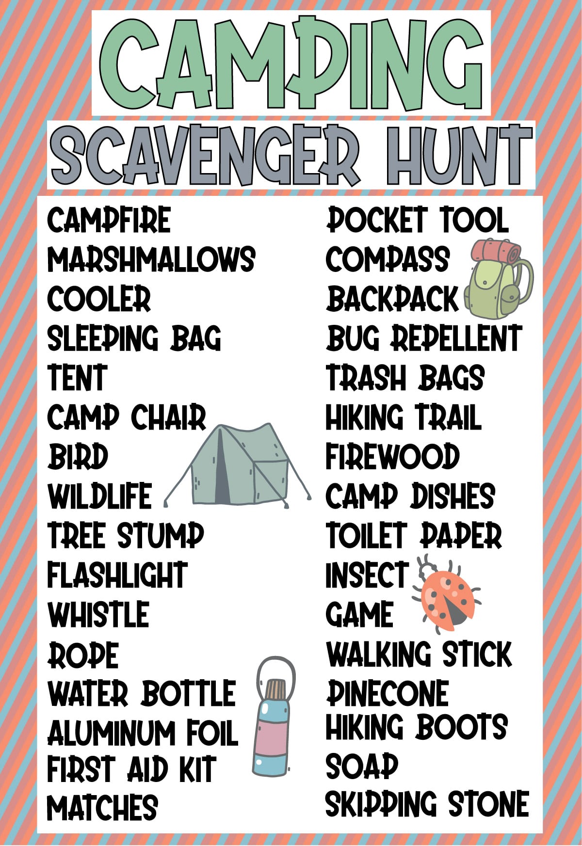 Camping scavenger hunt list with a diagonal striped background