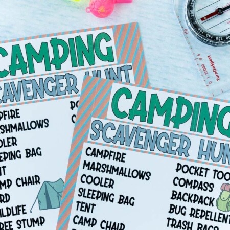 two copies of a camping scavenger hunt with a toy compass and whistle on a light blue background