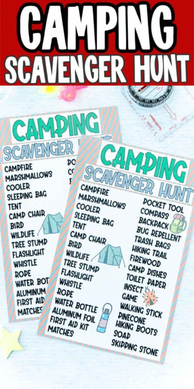 Two camping scavenger hunts with plastic props and text for Pinterest