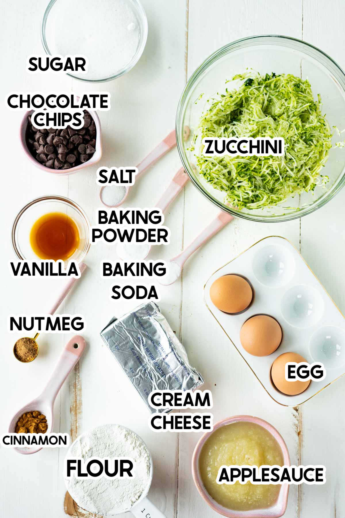 Ingredients for chocolate chip zucchini bread in bowls