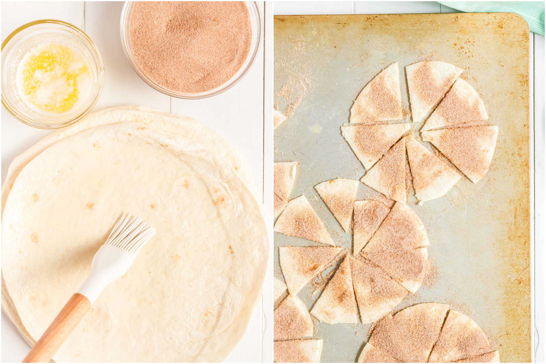 two images showing making cinnamon chips for fruit salsa