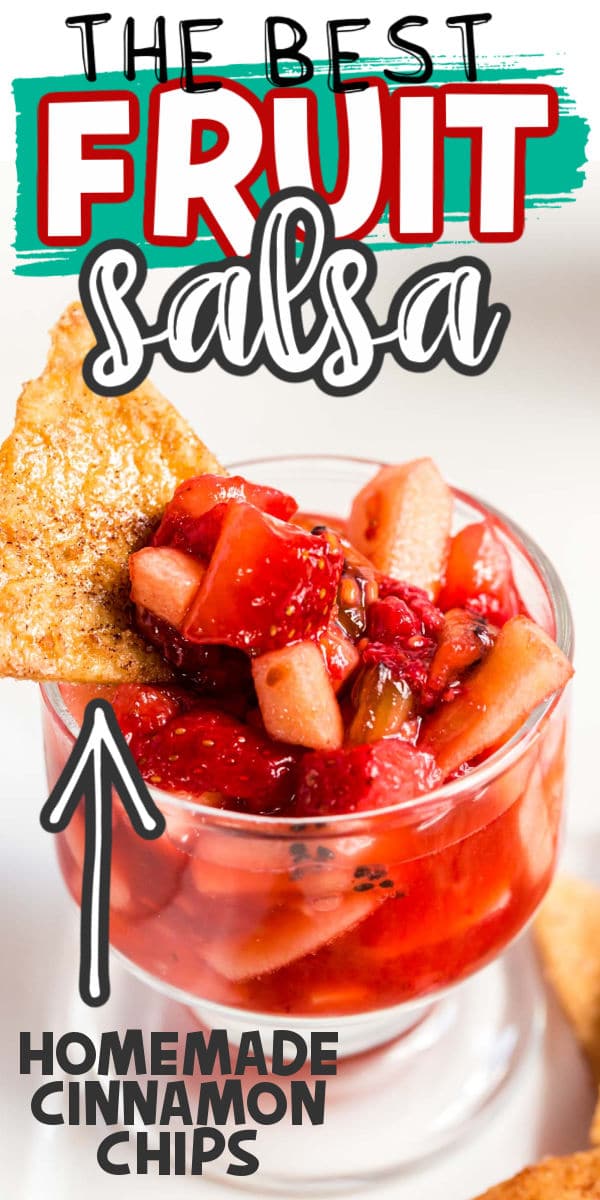 Glass of fruit salsa with text for Pinterest