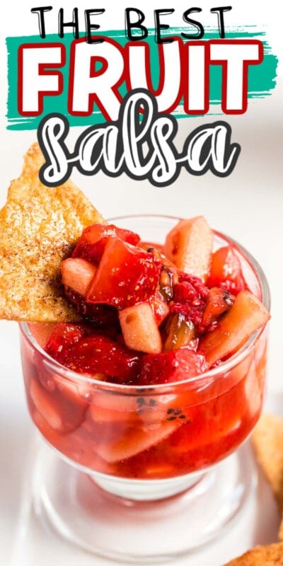 Glass of fruit salsa with text for Pinterest