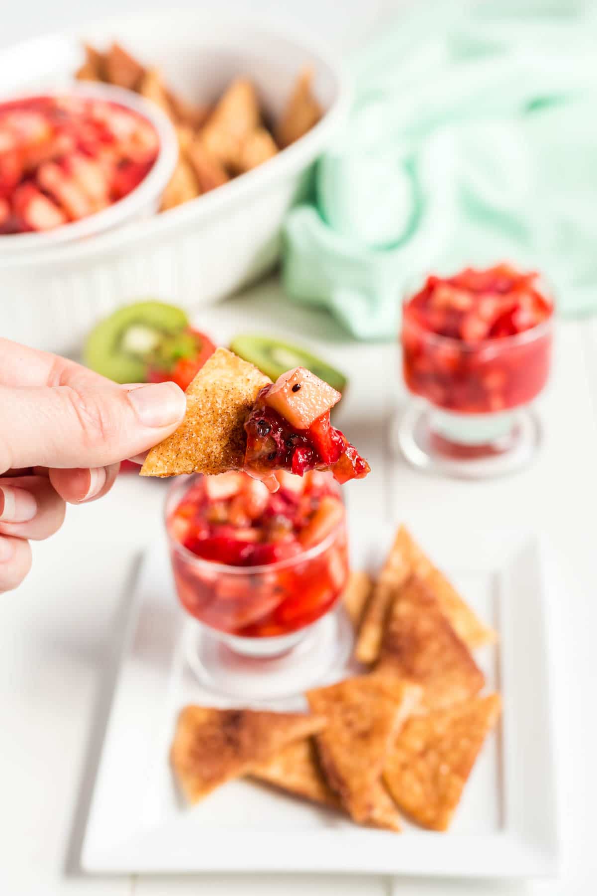 Someone holding a cinnamon chip with fruit salsa o it