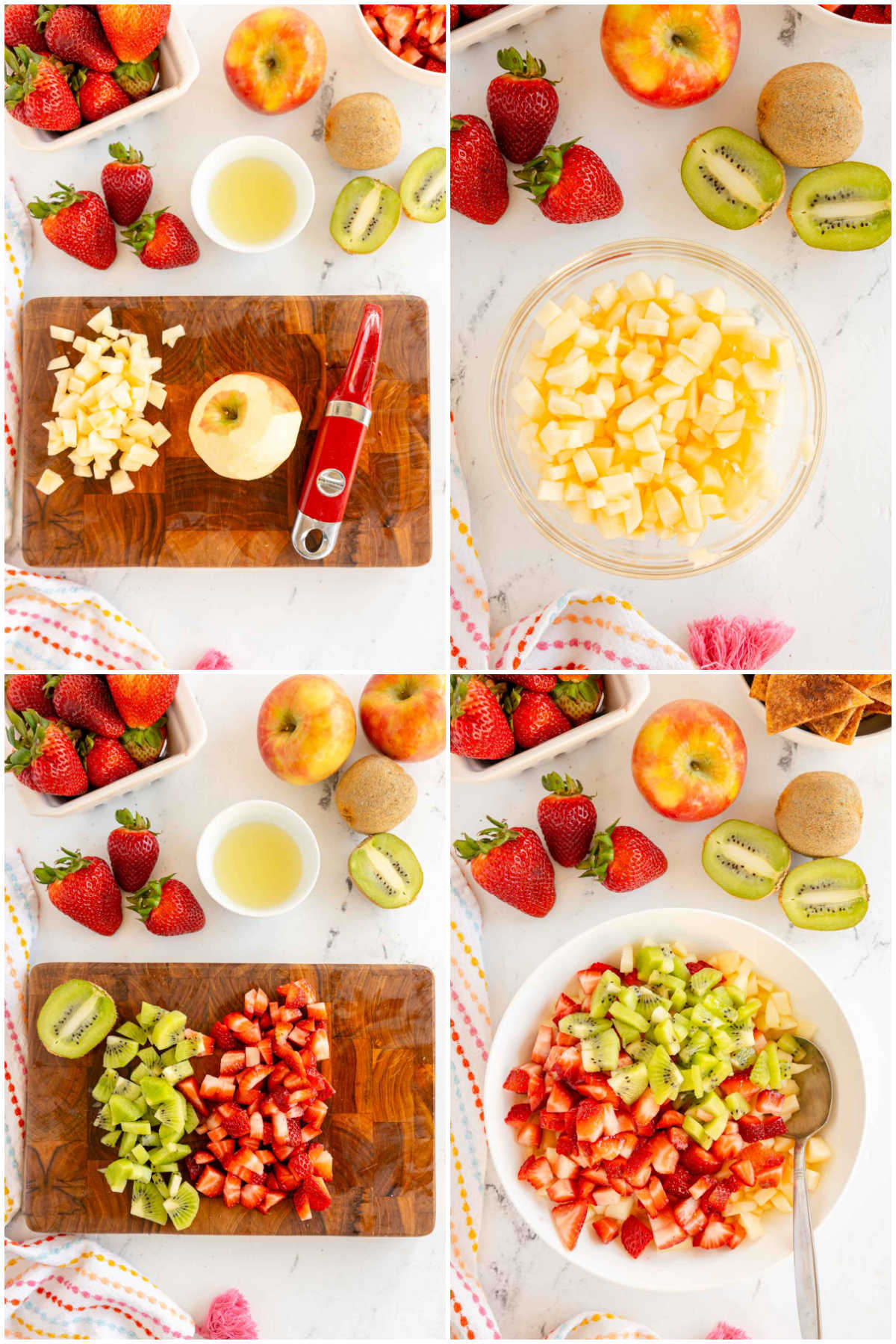 four images showing making fruit salsa with cinnamon chips