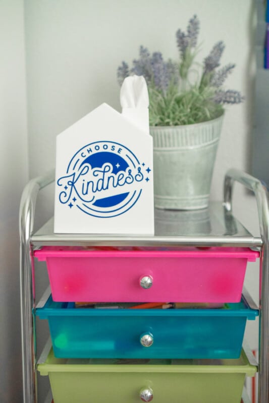 A tissue box with a kindness quote on top of storage racks