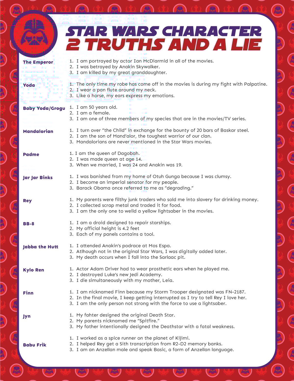 Star Wars two truths and a lie questions
