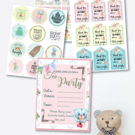 Teddy bear tea party printables in a pile
