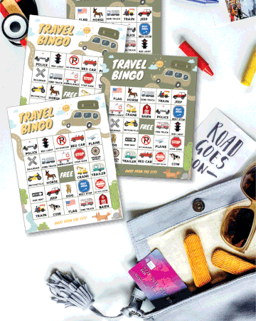 travel bingo cards with a bunch of travel props on a white background