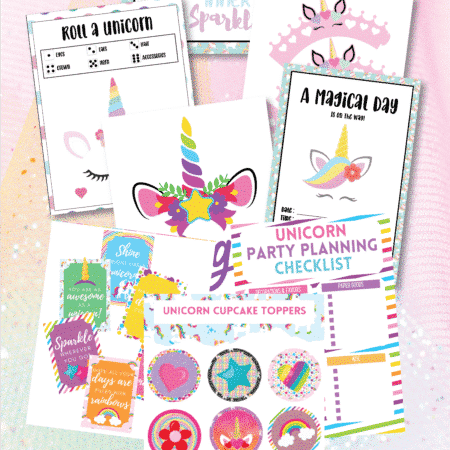 Unicorn party printables in a stack on a colored background
