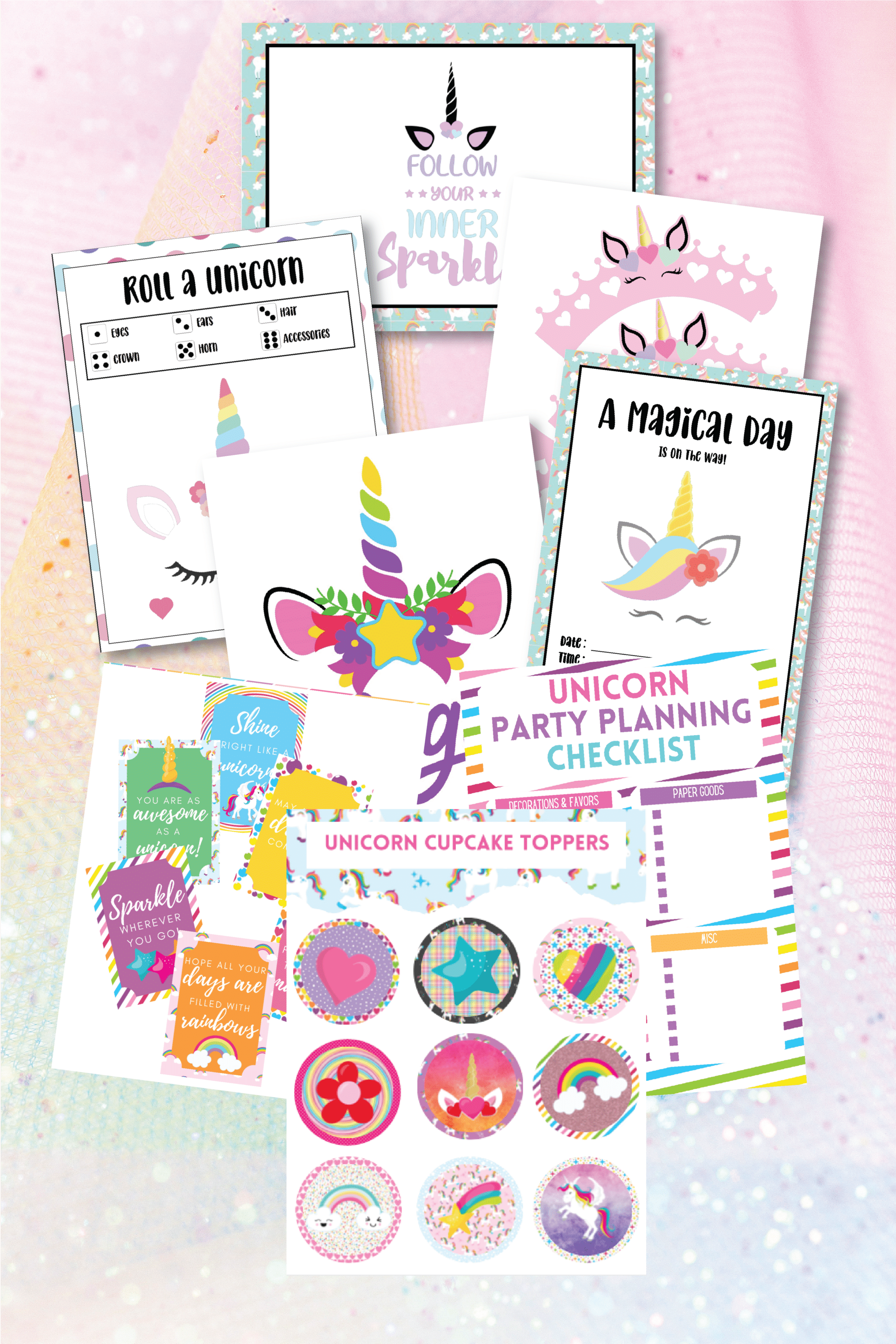Variety of unicorn party printables and other images