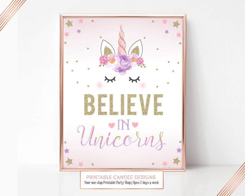 Believe in unicorns sign with glitter