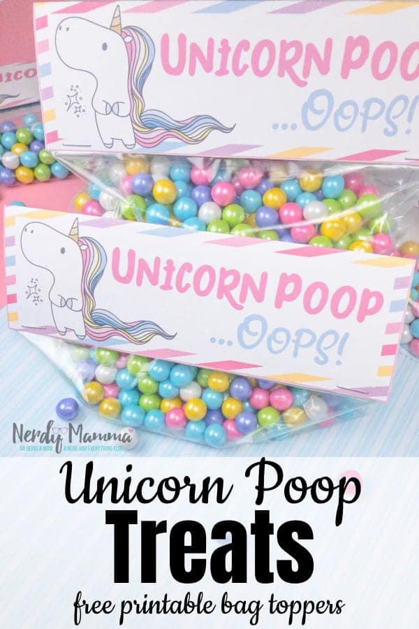 Bags of colorful sixlets with unicorn poop toppers