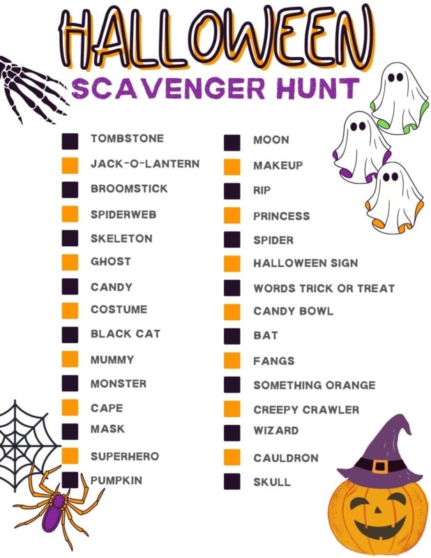 Halloween scavenger hunt with list of Halloween items