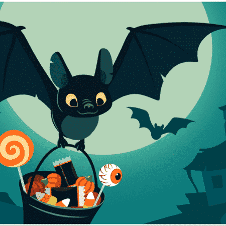 A photo of a bat holding a basket of candy with a haunted house in the background